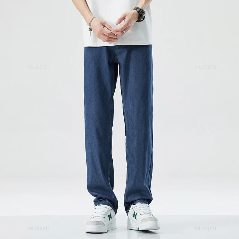 New Summer Thin Soft Lyocell Fabric Men's Jeans Classic Straight Denim Pants Work Wide Leg Casual Trousers Male Big Size 40 42