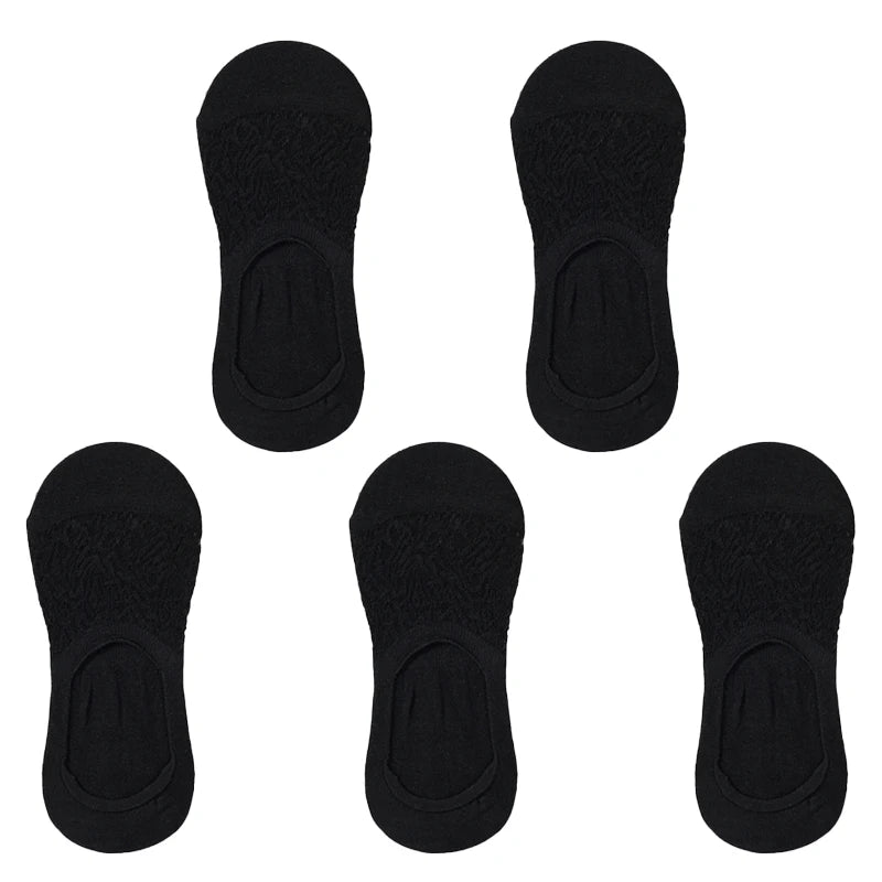 5 Pairs Women Cotton Low Cut Socks Solid Snowflake Softable Summer Silicone Non-slip Deep Mouth Prevent Heel Loss Slipper Socks