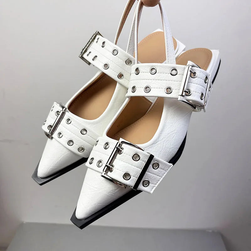 New Sandals Women Flats Shoes Fashion Metal Buckle Shoes 2025 Spring Pointed Toe Shallow Footwear Slingbacks Ladies Sandals
