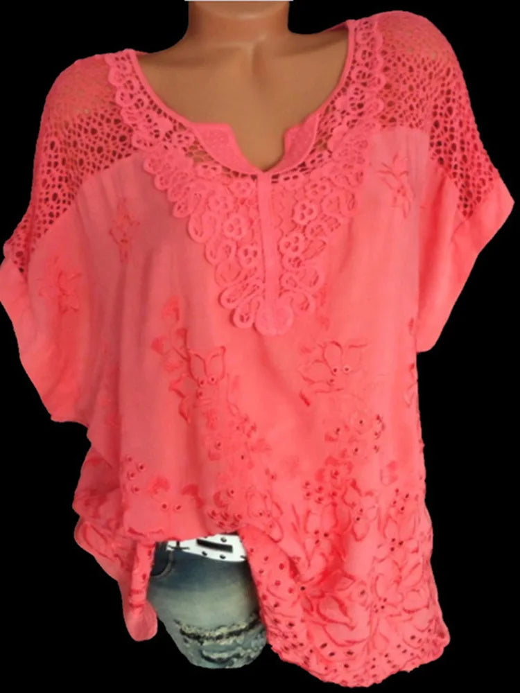 Loose Short-Sleeved Lace Women Blouses