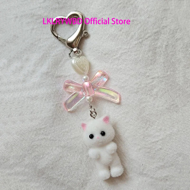 Cute Fuzzy Kitty Cat Heart Bow Keychain, Kitten, Kawaii, Pink Bow, Pearl Heart