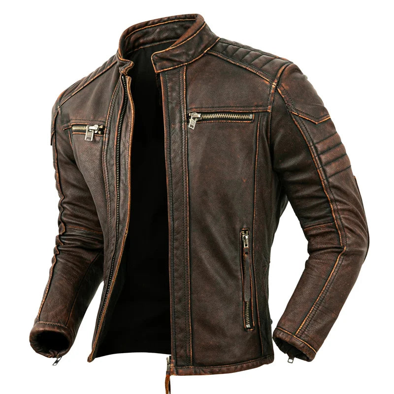 Men's Natural Leather Jacket First Layer Calfskin Stand Collar Motorcycle Jacket Retro Brown Cowhide Jacket Men‘s Biker Clothes
