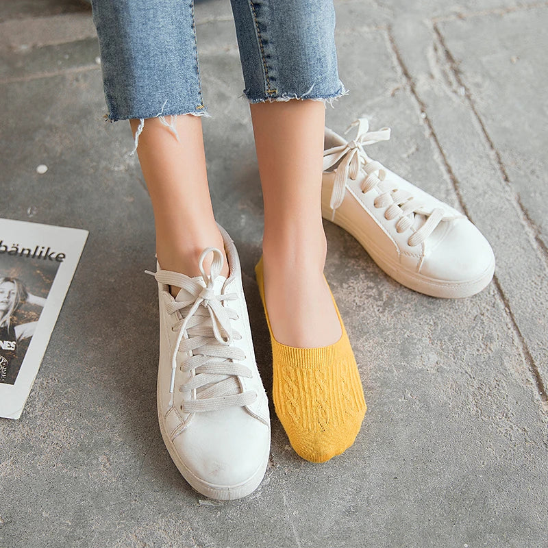 5 Pairs Women Cotton Low Cut Socks Solid Snowflake Softable Summer Silicone Non-slip Deep Mouth Prevent Heel Loss Slipper Socks