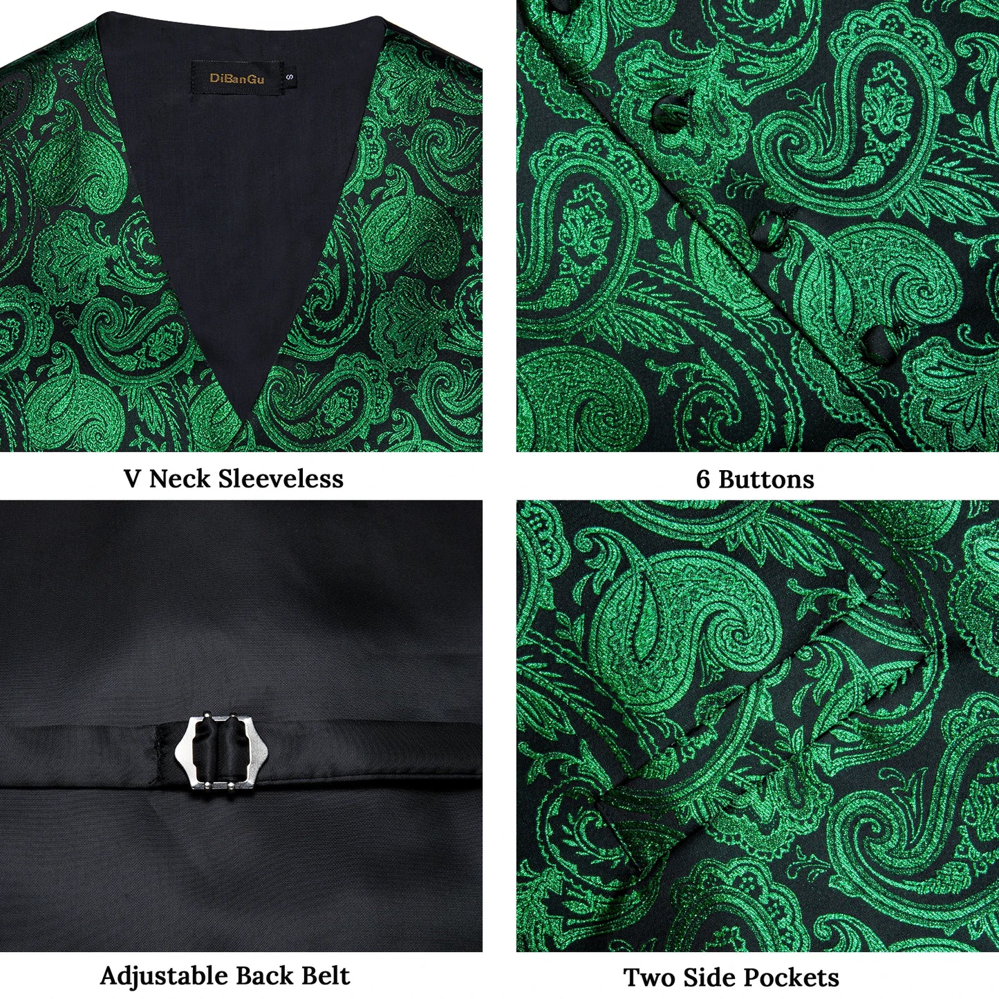 Fashion Green Paisley Vest for Man Business Festival Dress Fit Men's Waistcoat Luxury Silk Necktie Pocket Square Cufflinks Ring