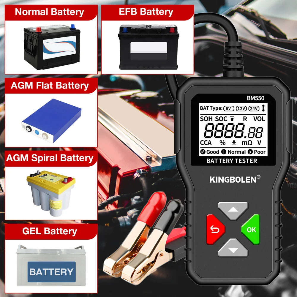 KINGBOLEN BM550 Car Battery Tester 6V 12V 24V 100-2000 CCA Battery System Detect Auto Battery Analyzer Car Battery Tool PK KW208
