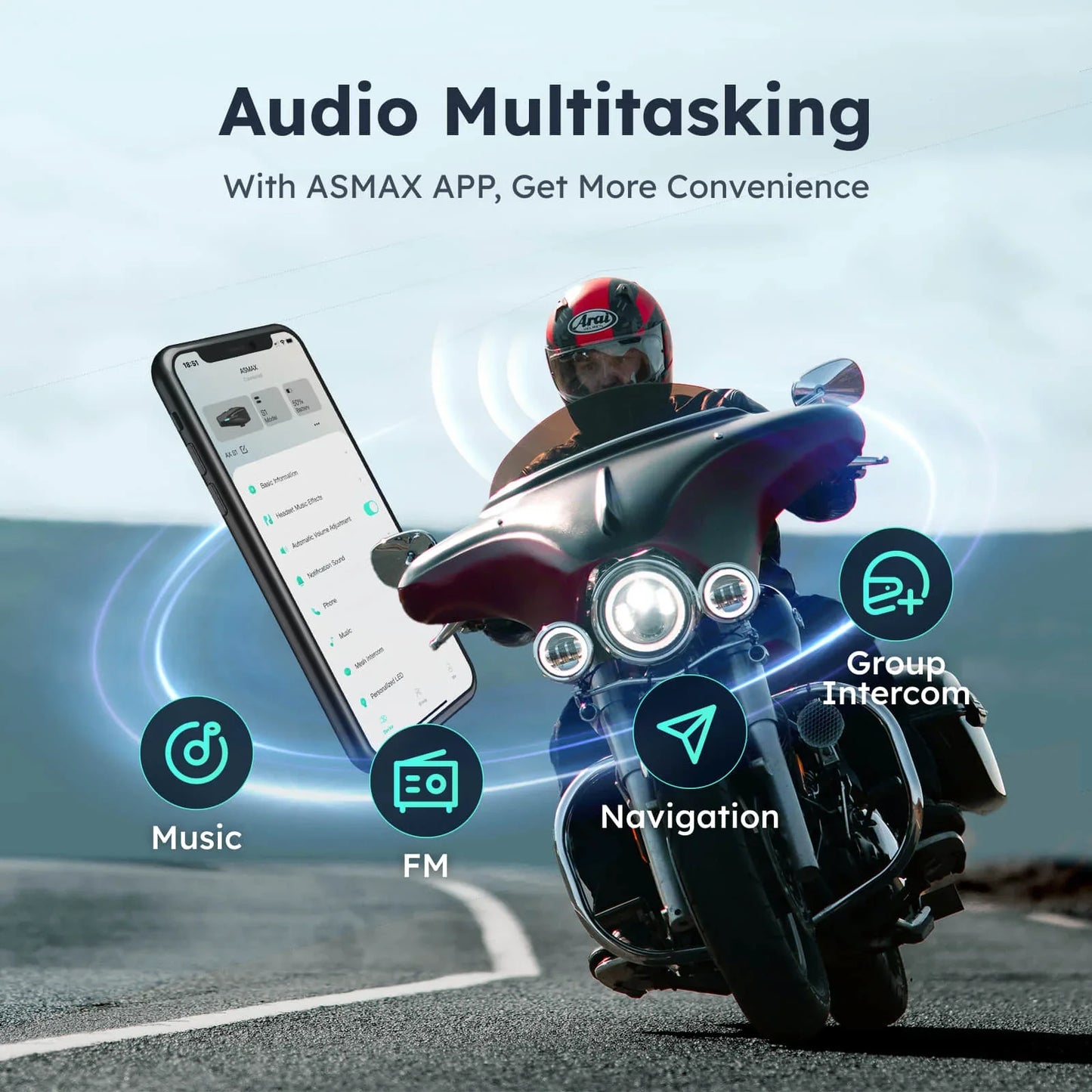 ASMAX S1 Helmet Bluetooth Headset Voice Control Motorcycle Communication Systems 8 Riders Helmet Intercom with FM Radio ENC/IPX7
