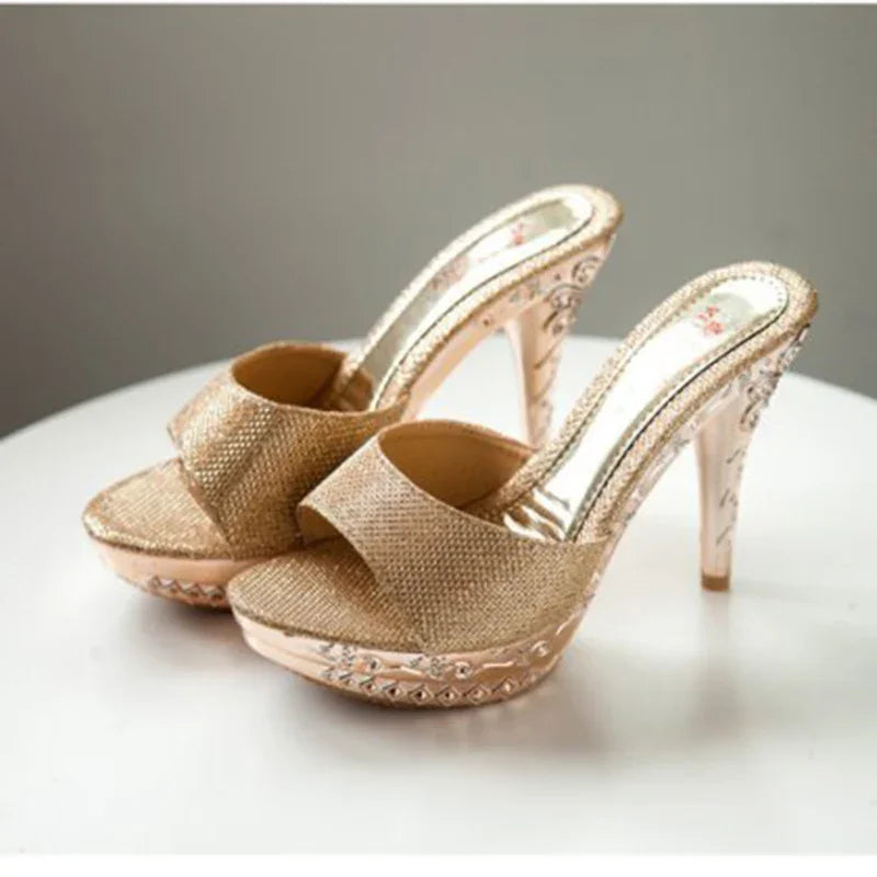 Summer Women Sandals Rhinestone Women Shoes Sexy High Heels Shoe Ladies Sandalias Gold Silver Women Slippers Heeled Sandals Sexy