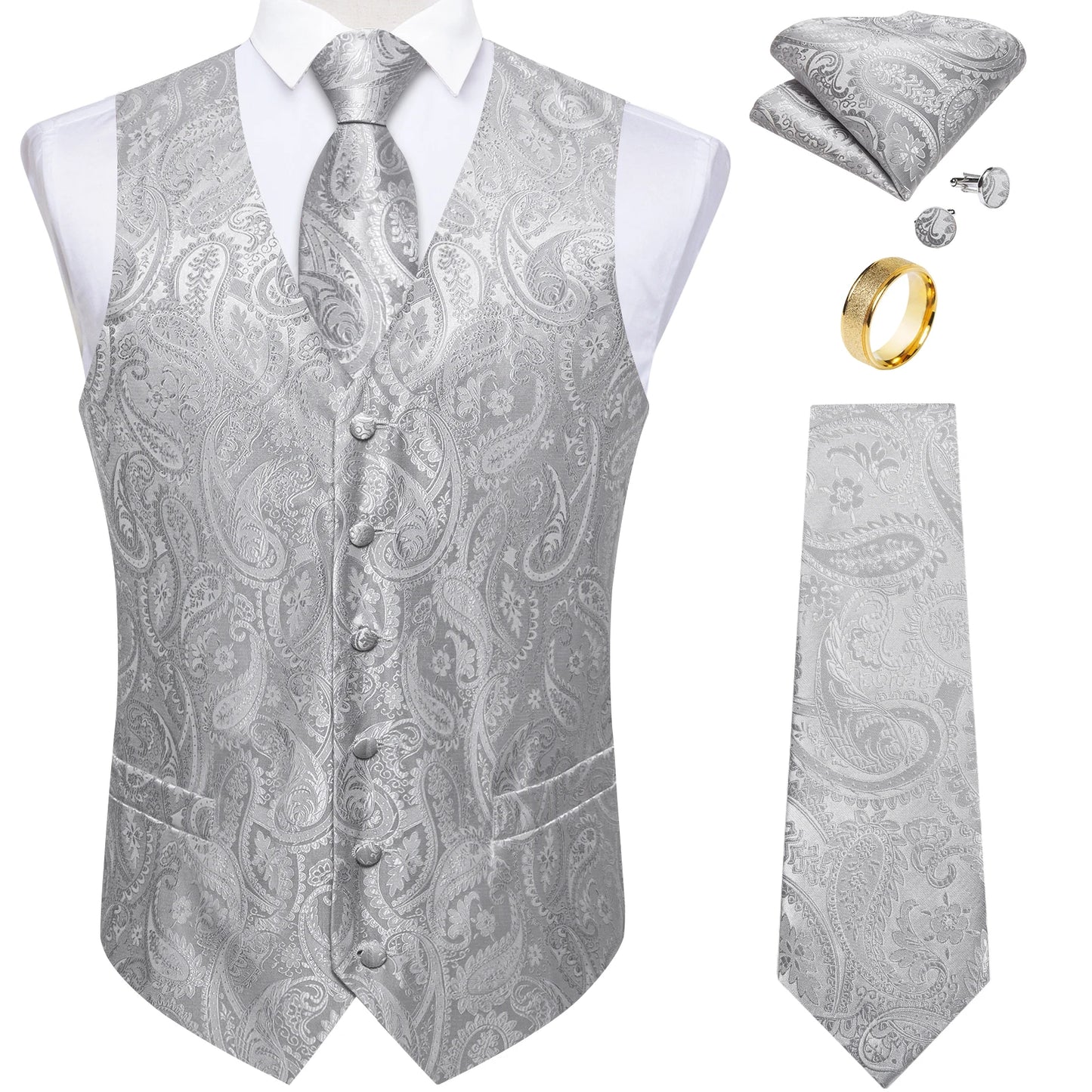 Fashion Green Paisley Vest for Man Business Festival Dress Fit Men's Waistcoat Luxury Silk Necktie Pocket Square Cufflinks Ring