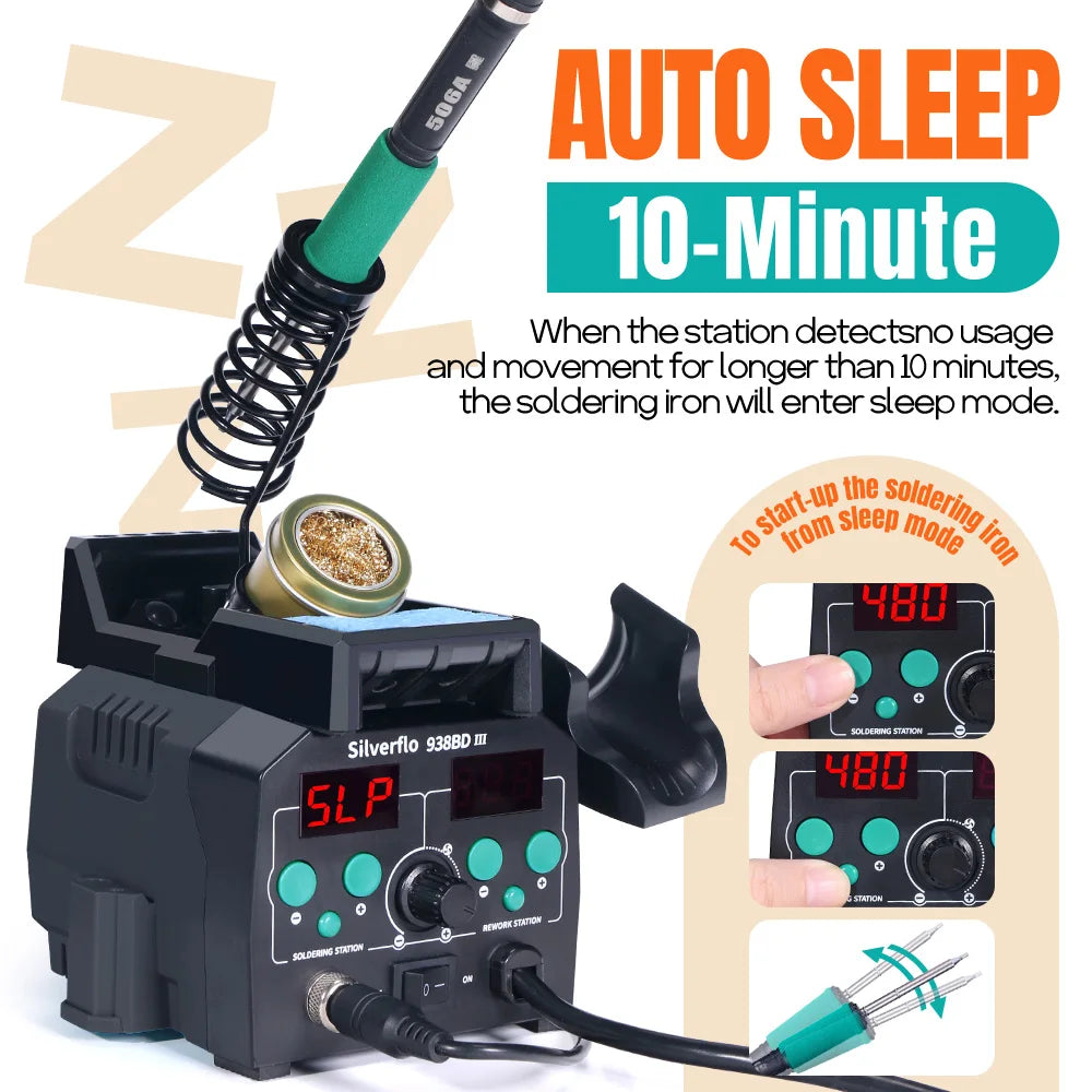 Silverflo 938BD-III Soldering Station Rapid Heating T12 Soldering Iron Hot Air Welding Station With Auto Sleep For SMD Rework