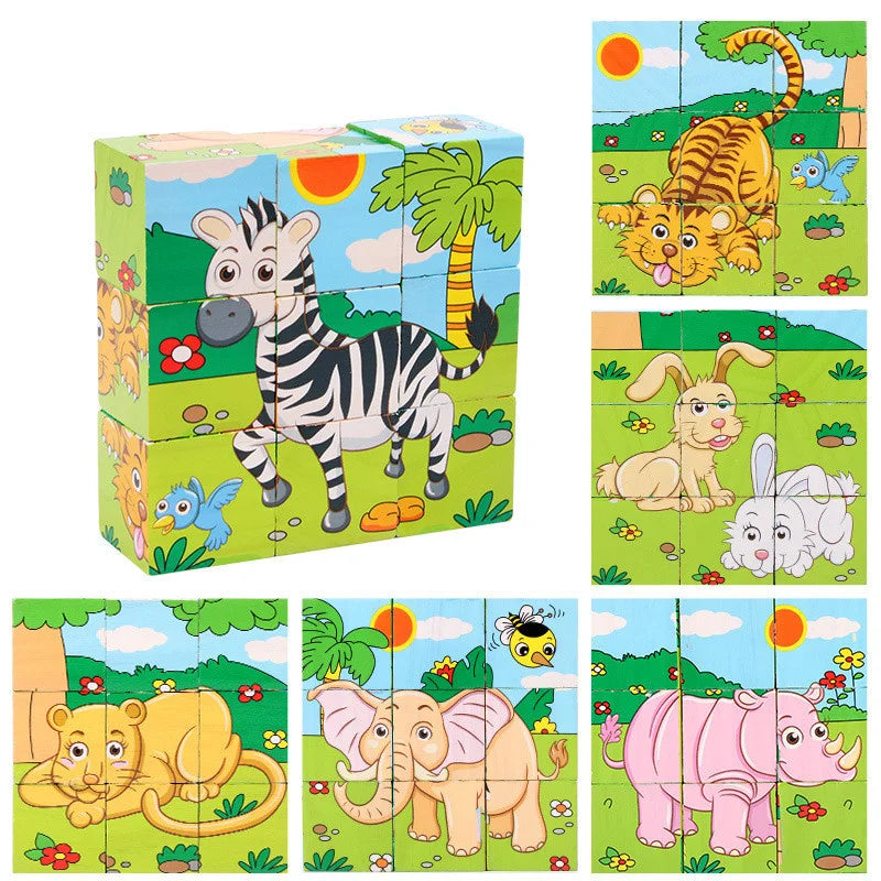 Baby Toys Wooden Blocks Six Side Cube Jigsaw Puzzles Game Animal Fruit Traffic Cognition Puzzle Montessori Educational Toys