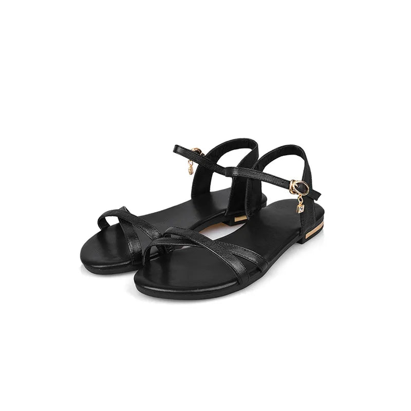 Comfortable Women's Summer Sandals Genuine Leather Flip Flops Casual Flats Sandal White Gold Black Ankle Strap Beach Shoes Girls