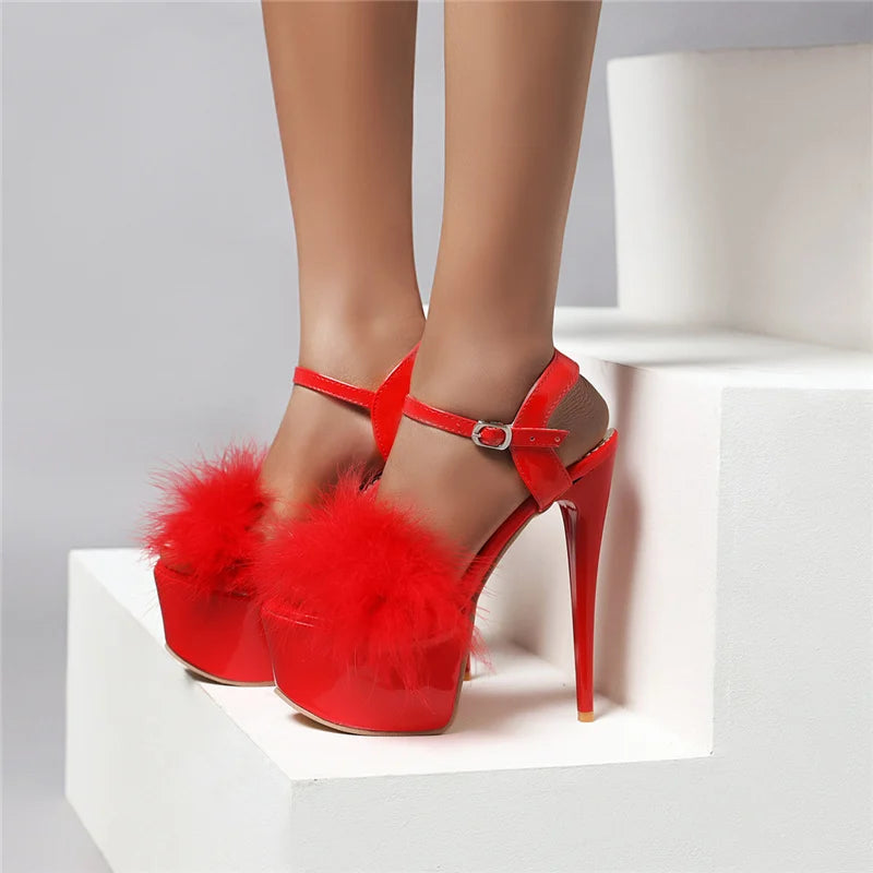 Gladiator Sandals Women Summer Platform High Heels Wedding Party Shoes Sexy Pink Red Blue Feather Dance Shoes Female Large Size