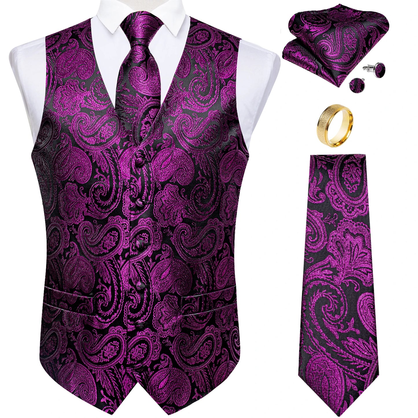 Fashion Green Paisley Vest for Man Business Festival Dress Fit Men's Waistcoat Luxury Silk Necktie Pocket Square Cufflinks Ring