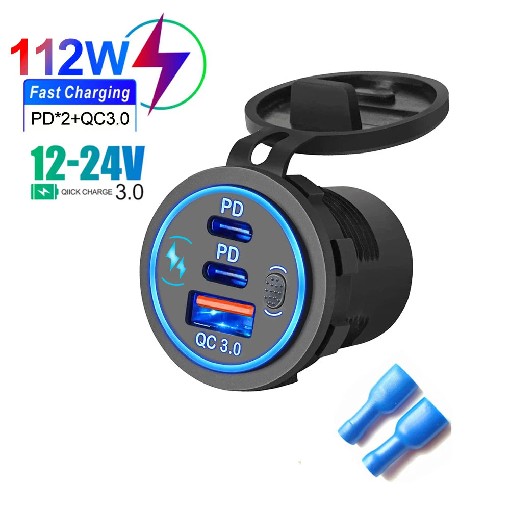 Car Charger Socket PD3.0 & QC3.0 Double USB C Ports Waterproof with LED Touch Switch 78W Fast Charging 12V/24V For Moto Adapter