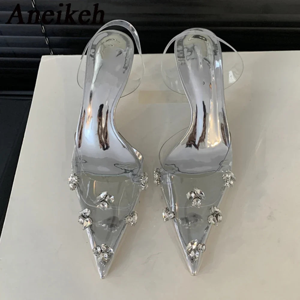 Aneikeh PVC Summer Jelly Shoes Woman Bling Pointed Toe Rome Shallow String Bead Pumps Women Sandals Party Fashion Sweet lip-On