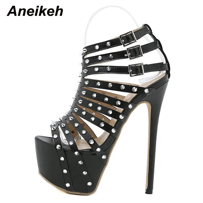 Aneikeh Summer Gladiator Rivet Women High Sandals Sexy Stripper 17.5CM Thin Heels Shoes Platform Fashion Narrow Band Pumps
