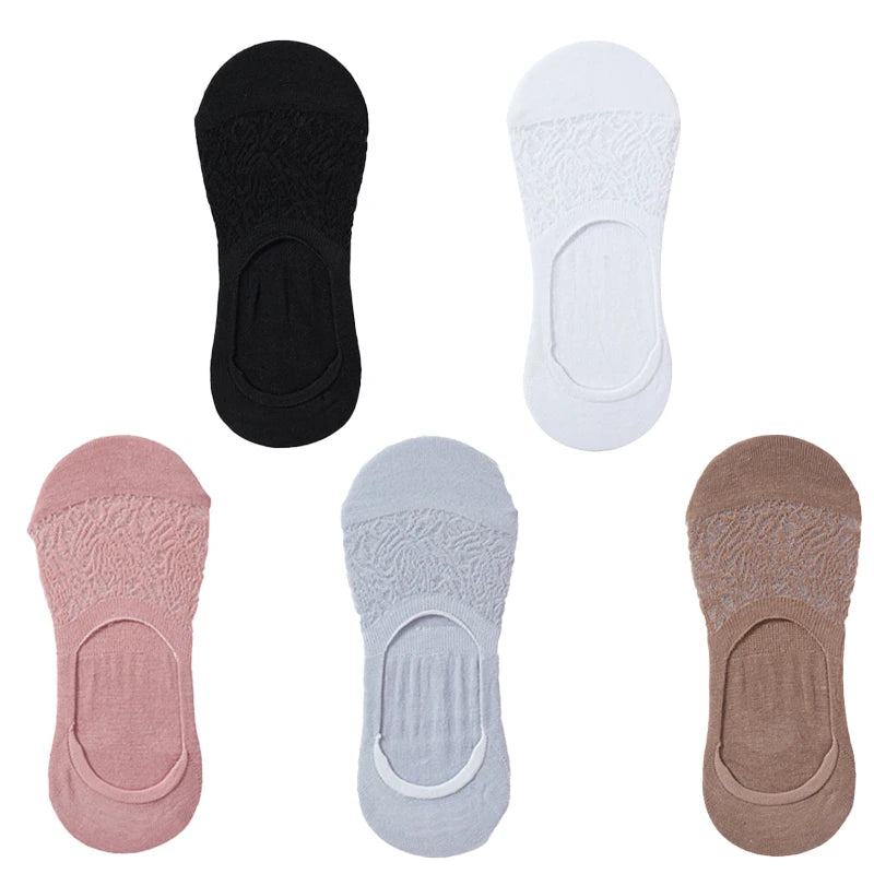 5 Pairs Women Cotton Low Cut Socks Solid Snowflake Softable Summer Silicone Non-slip Deep Mouth Prevent Heel Loss Slipper Socks