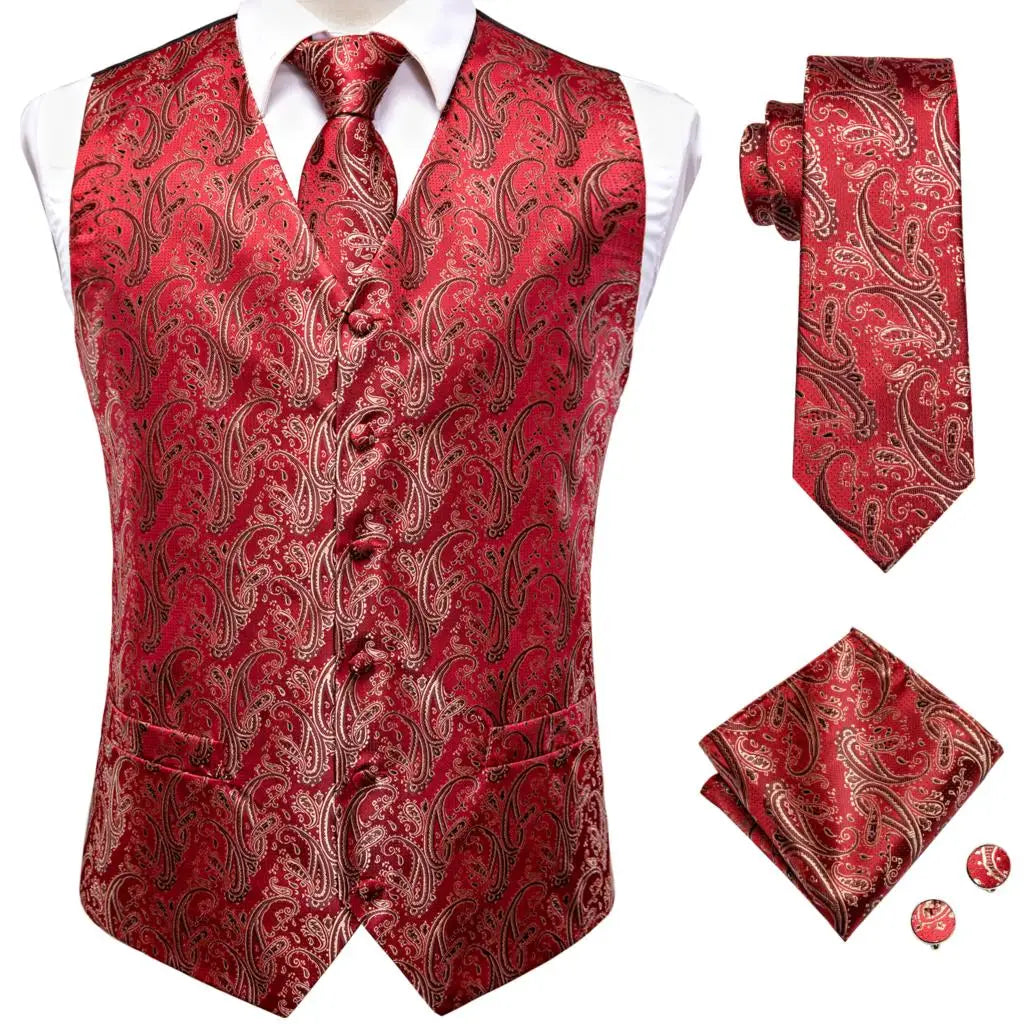 Hi-Tie Brand Silk Mens Vests Grey Black Gold Navy Blue Red Burgundy Jacquard Waistcoat Jacket NeckTie Hanky Cufflinks for Men