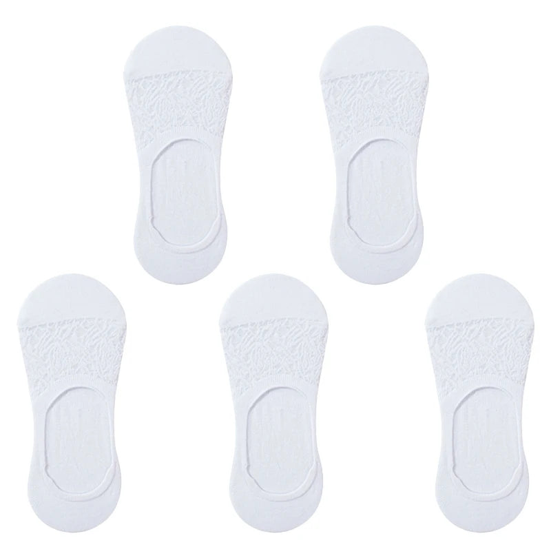 5 Pairs Women Cotton Low Cut Socks Solid Snowflake Softable Summer Silicone Non-slip Deep Mouth Prevent Heel Loss Slipper Socks