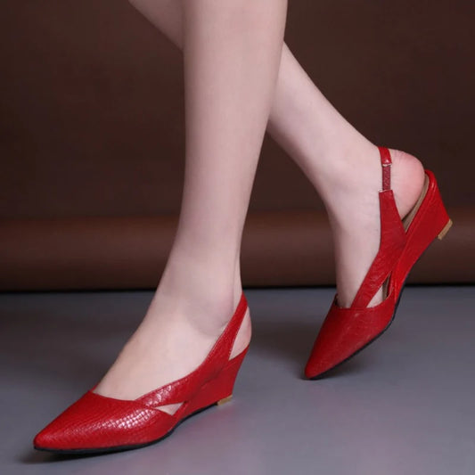 Sweet Casual Wedge Sandals Women Summer Shoes Solid Snake Cut-outs Ladies Mules Fashion Pointed Red White Party Wedding Shoes