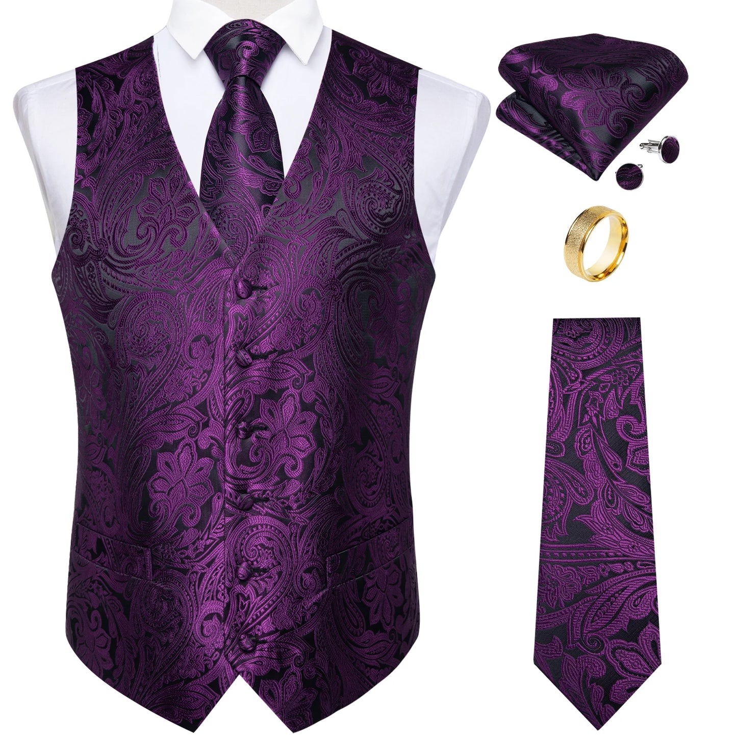Fashion Green Paisley Vest for Man Business Festival Dress Fit Men's Waistcoat Luxury Silk Necktie Pocket Square Cufflinks Ring