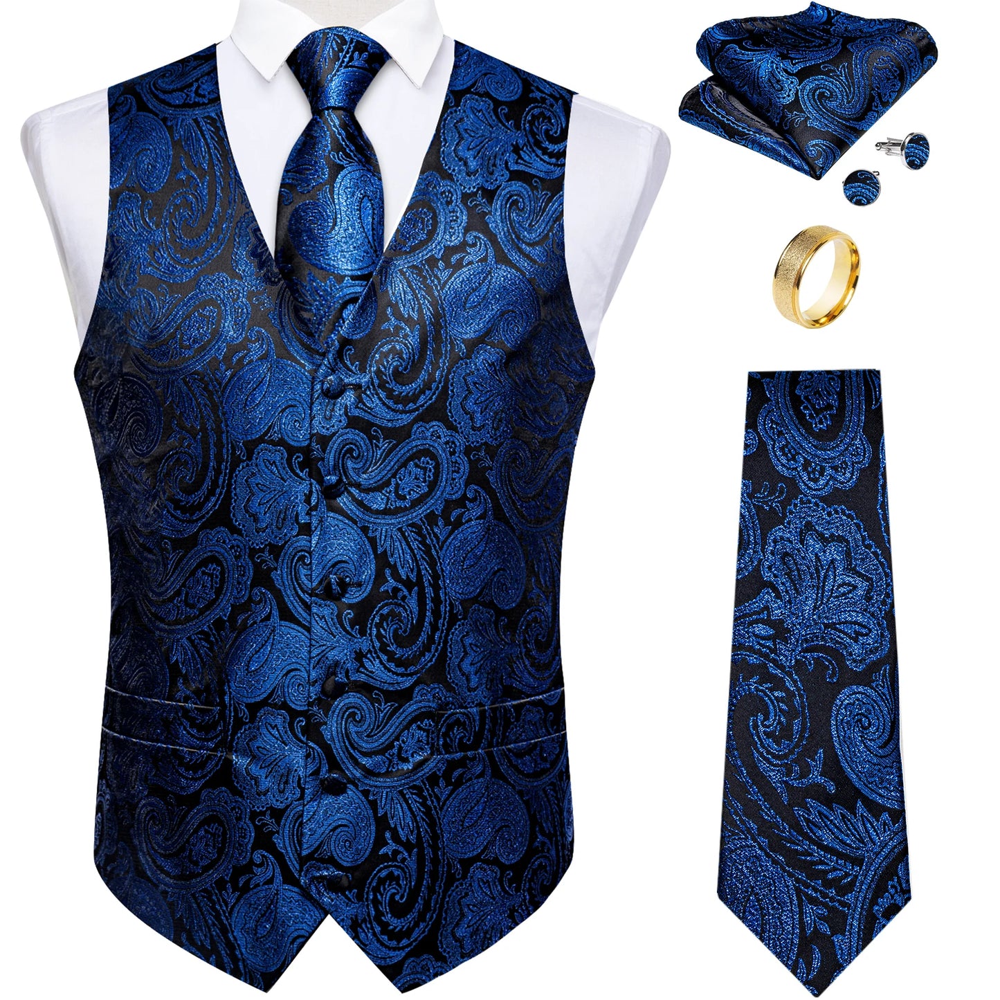 Fashion Green Paisley Vest for Man Business Festival Dress Fit Men's Waistcoat Luxury Silk Necktie Pocket Square Cufflinks Ring