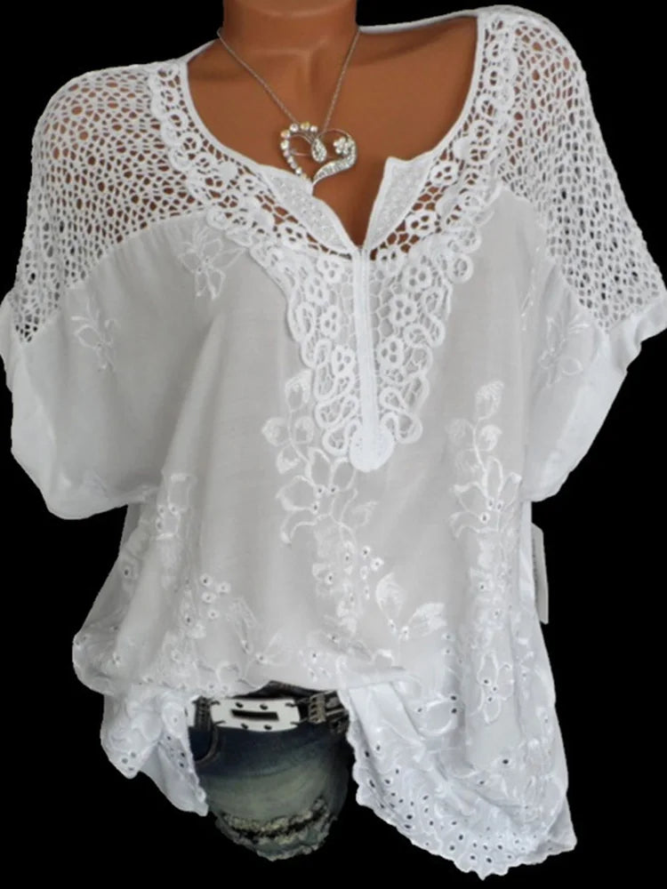 Loose Short-Sleeved Lace Women Blouses