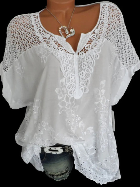 Loose Short-Sleeved Lace Women Blouses