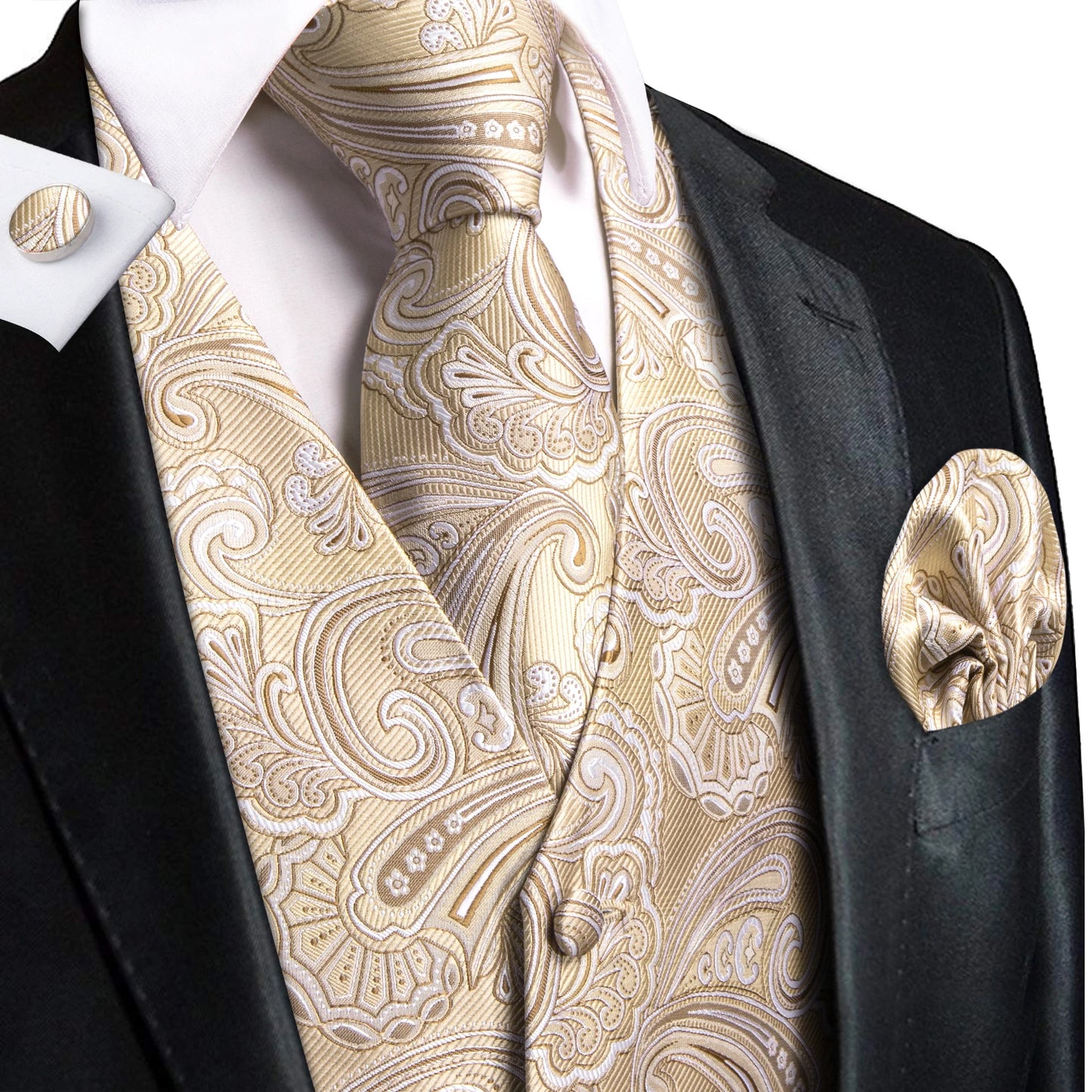 Hi-Tie Silk Ivory Beige Champagne Gold Mens Vests Tie Hankerchief Cufflinks Set Jacquard Vine Waistcoat for Men Suit Dress
