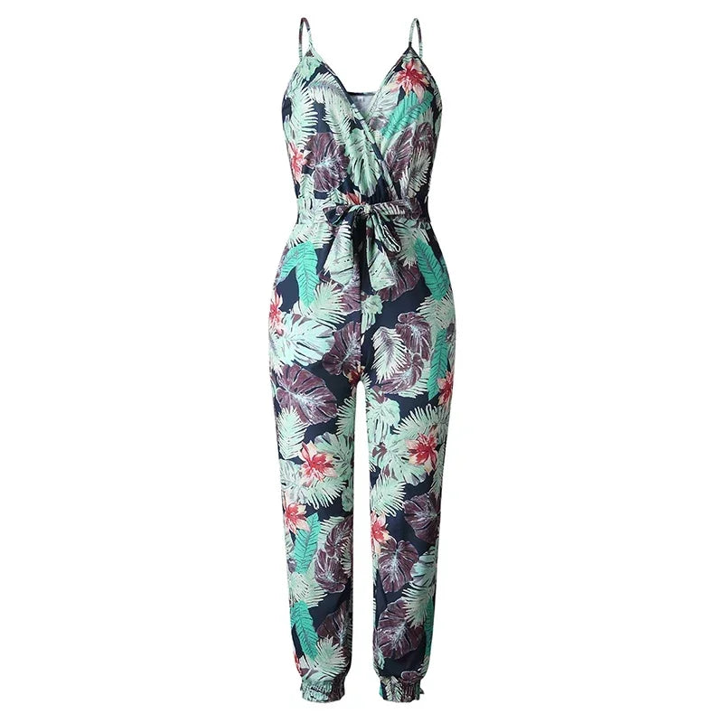 V Neck Sexy Bodysuits Women With Belt Body Femme Rompers Feminino Floral Playsuit Overalls Print Summer Jumpsuit Suit Pants