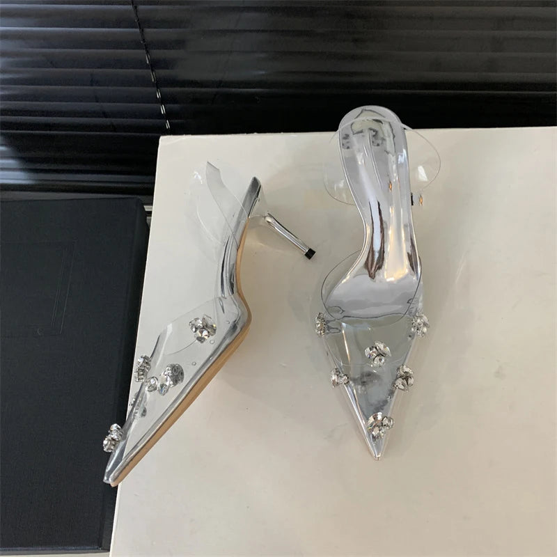 Aneikeh PVC Summer Jelly Shoes Woman Bling Pointed Toe Rome Shallow String Bead Pumps Women Sandals Party Fashion Sweet lip-On