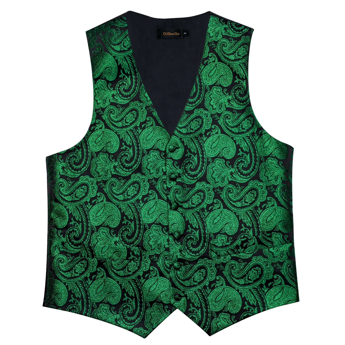 Fashion Green Paisley Vest for Man Business Festival Dress Fit Men's Waistcoat Luxury Silk Necktie Pocket Square Cufflinks Ring