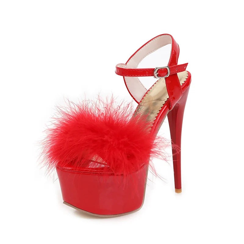 Gladiator Sandals Women Summer Platform High Heels Wedding Party Shoes Sexy Pink Red Blue Feather Dance Shoes Female Large Size