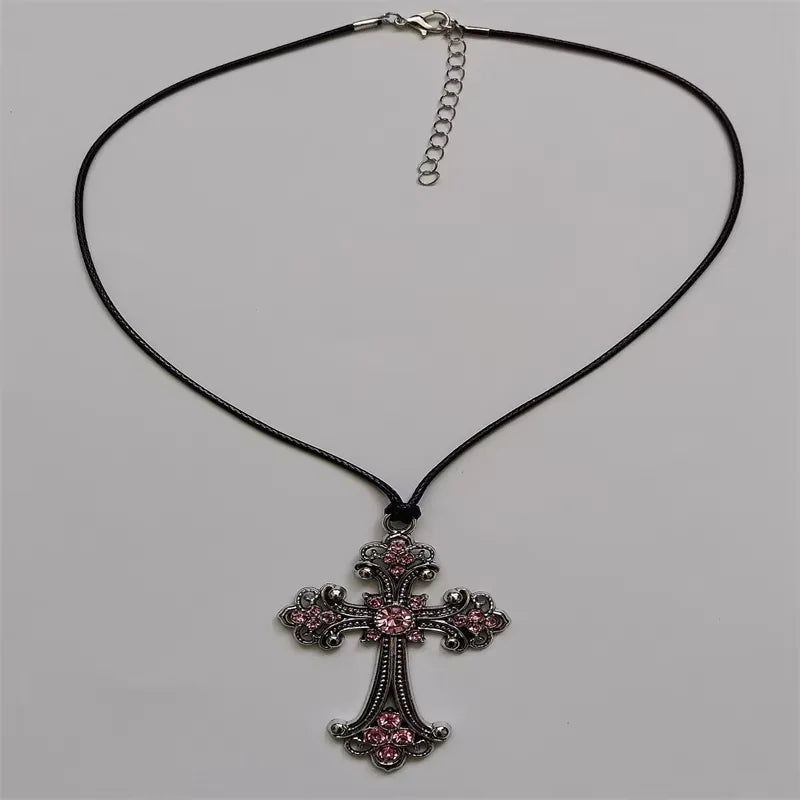Large Detailed Rhinestone Cross Choker Spiral Hippie Necklace Goth Punk Women Fashion Statement Crucifix Charm Jewelry Gift