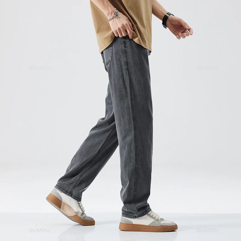New Summer Thin Soft Lyocell Fabric Men's Jeans Classic Straight Denim Pants Work Wide Leg Casual Trousers Male Big Size 40 42
