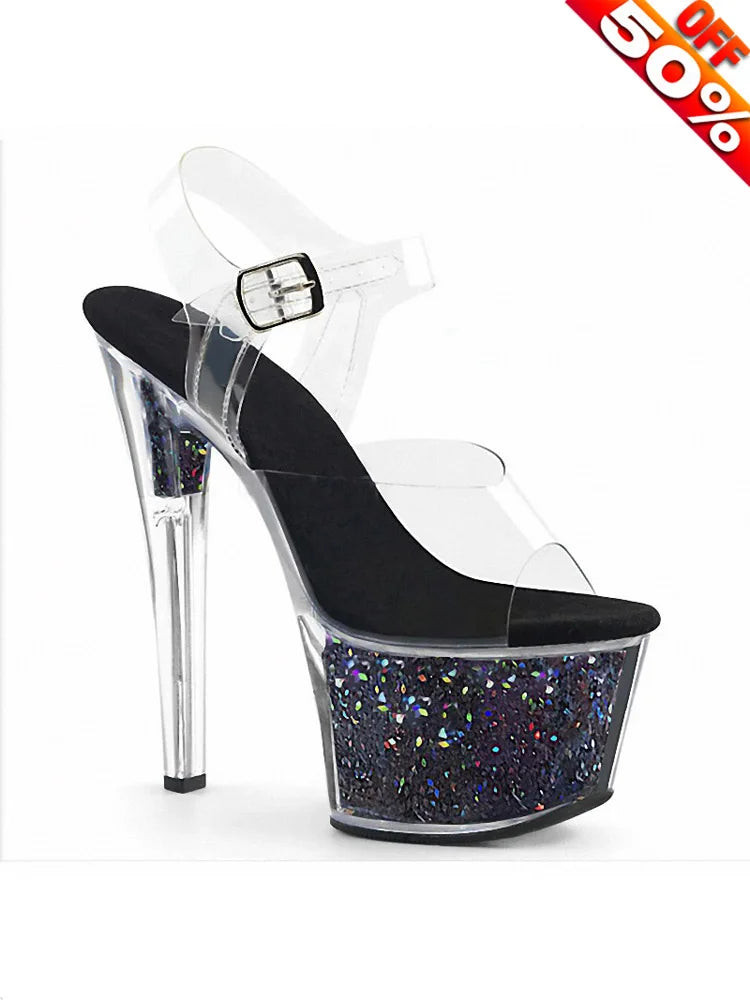 Exotic Elegant Sexy Fetish Flash 17cm Crossdresser Stripper Heels Bride Catwalk Platform Sandals Peep Toe 7Inch Women's Shoes
