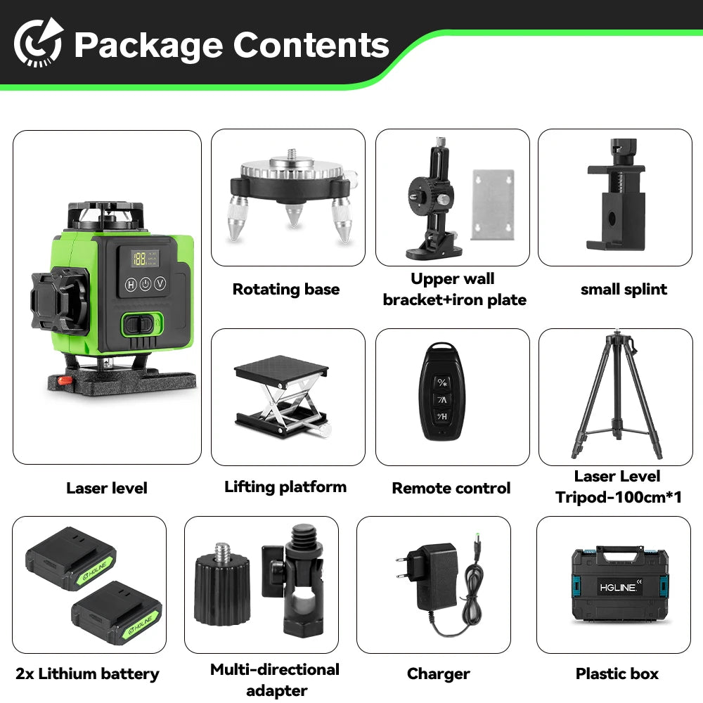 HGLINE 16 Lines Laser Level APP Remote Control Horizontal Vertical Levels Machine Power Display Laser Leveling With 100cm Tripod