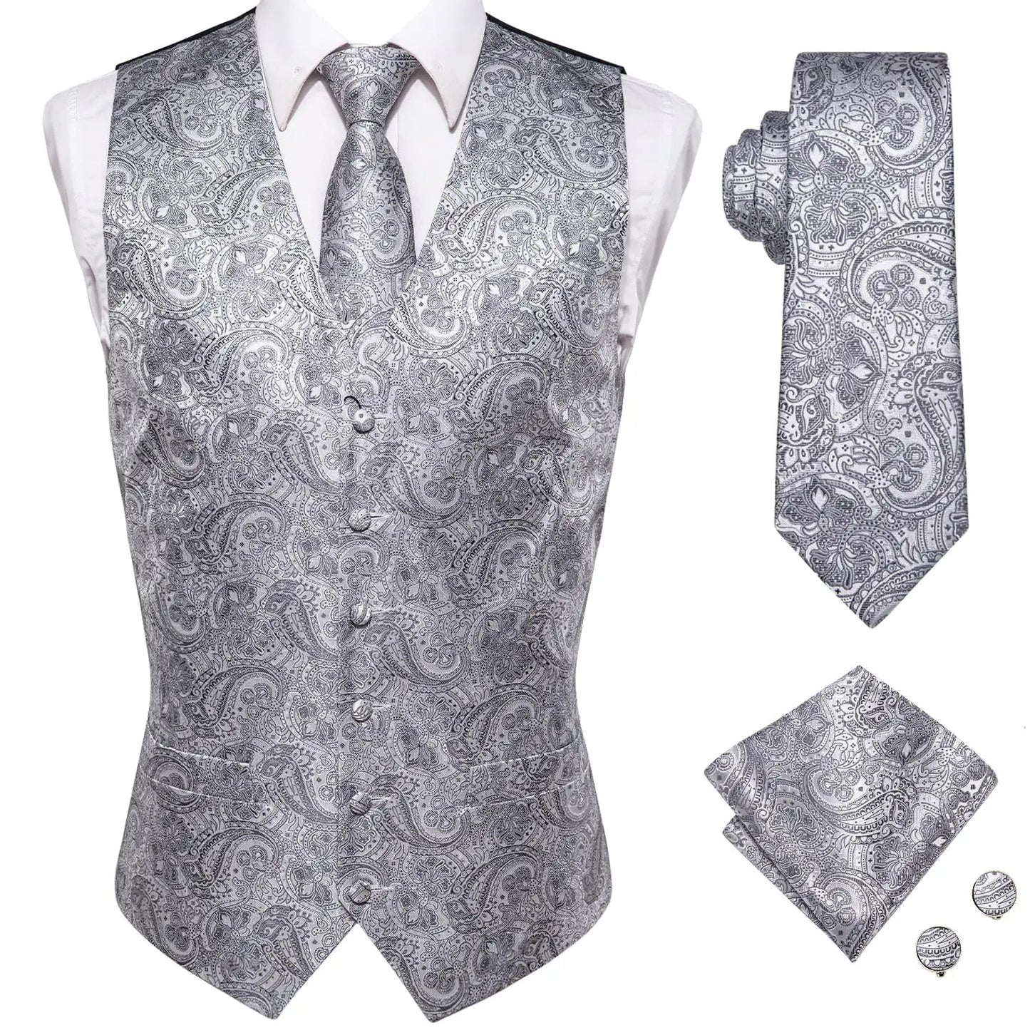 Hi-Tie Brand Silk Mens Vests Grey Black Gold Navy Blue Red Burgundy Jacquard Waistcoat Jacket NeckTie Hanky Cufflinks for Men