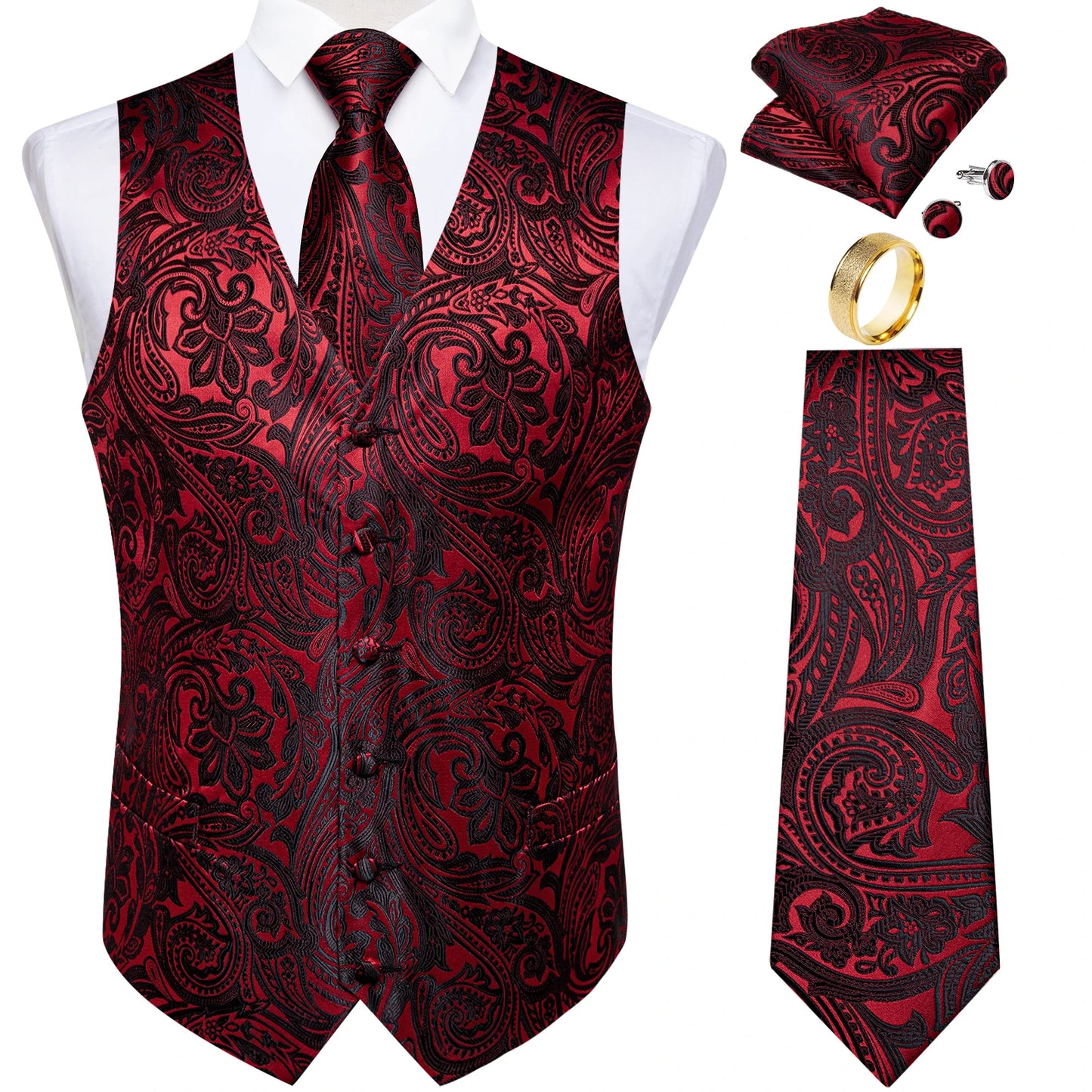 Fashion Green Paisley Vest for Man Business Festival Dress Fit Men's Waistcoat Luxury Silk Necktie Pocket Square Cufflinks Ring