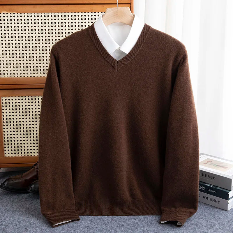 First-line of clothing Men 100% Merino Wool Sweater Spring Autumn V- Collar Pullovers Sweater Long Sleeve Soft Knit Basic Tops