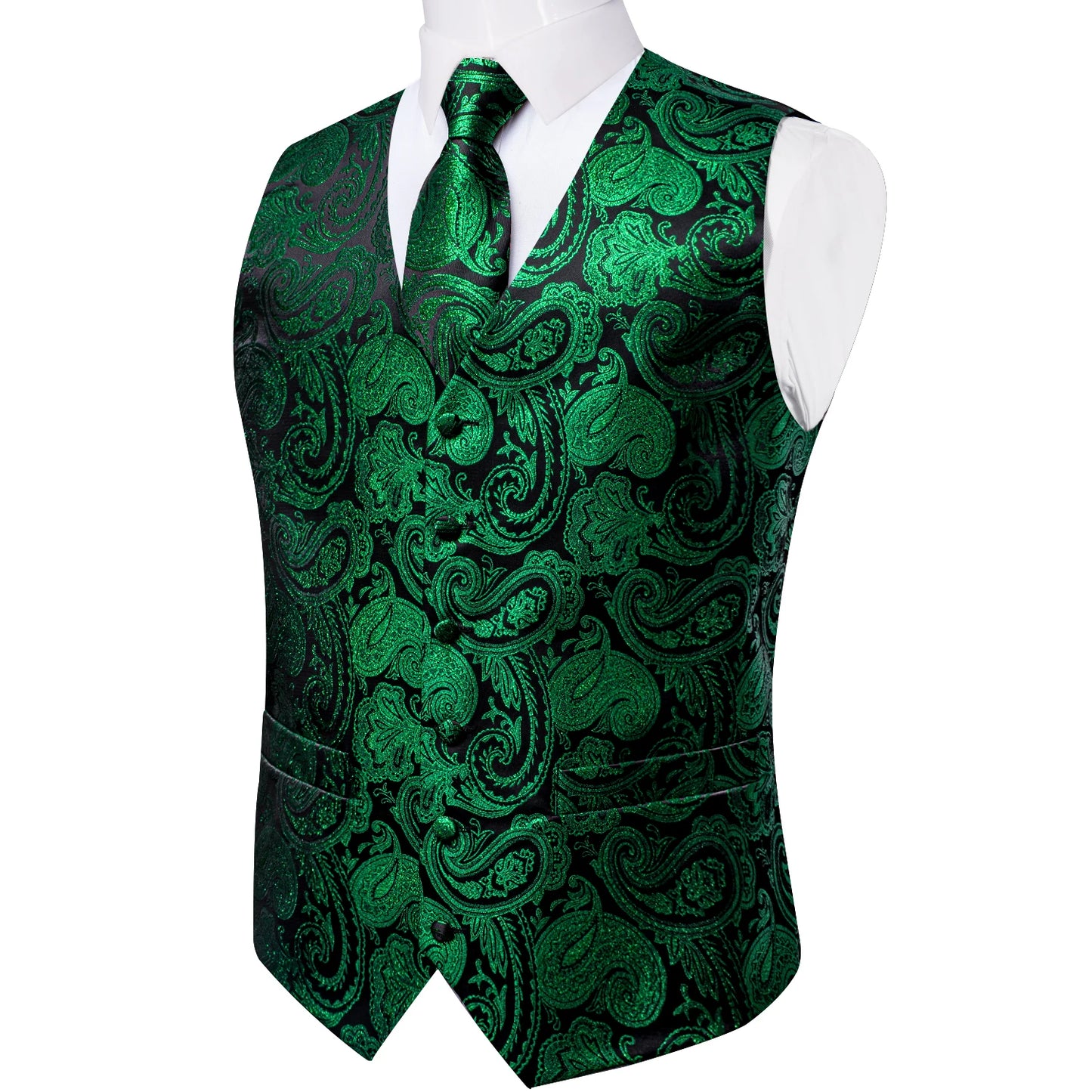 Fashion Green Paisley Vest for Man Business Festival Dress Fit Men's Waistcoat Luxury Silk Necktie Pocket Square Cufflinks Ring