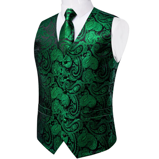 Fashion Green Paisley Vest for Man Business Festival Dress Fit Men's Waistcoat Luxury Silk Necktie Pocket Square Cufflinks Ring