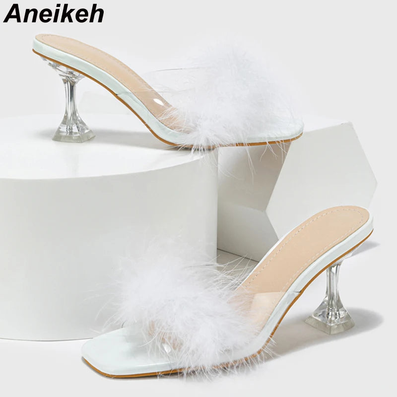 Aneikeh Elegant Sexy Feather Decorative Sandals Slippers Women's Square Head Open Toe PVC Transparent Kitten Heel High Heels