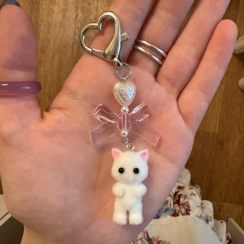 Cute Fuzzy Kitty Cat Heart Bow Keychain, Kitten, Kawaii, Pink Bow, Pearl Heart