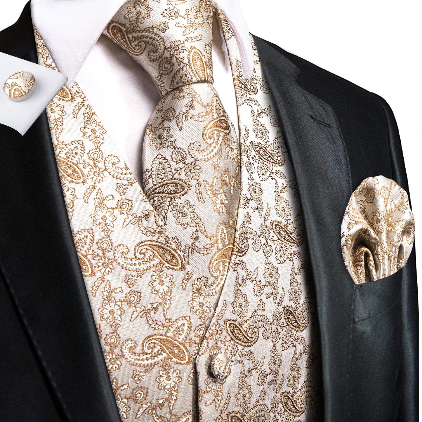 Hi-Tie Silk Ivory Beige Champagne Gold Mens Vests Tie Hankerchief Cufflinks Set Jacquard Vine Waistcoat for Men Suit Dress