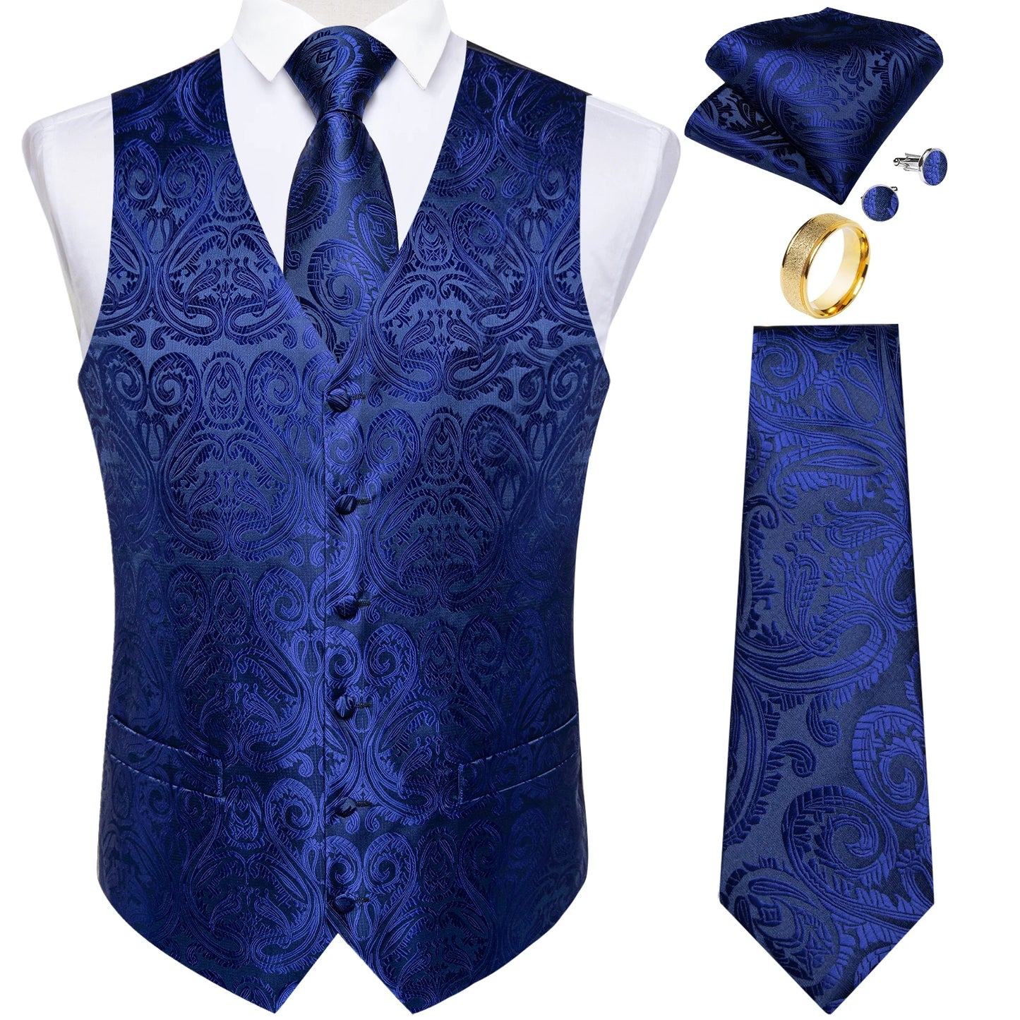 Fashion Green Paisley Vest for Man Business Festival Dress Fit Men's Waistcoat Luxury Silk Necktie Pocket Square Cufflinks Ring