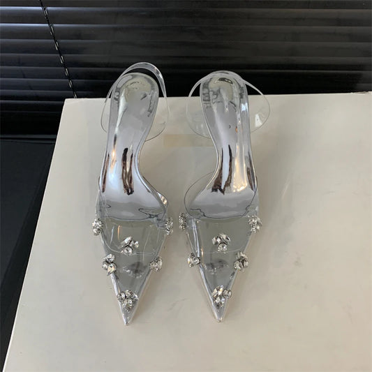 Aneikeh PVC Summer Jelly Shoes Woman Bling Pointed Toe Rome Shallow String Bead Pumps Women Sandals Party Fashion Sweet lip-On