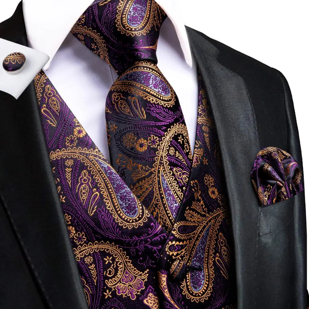 Hi-Tie Silk Ivory Beige Champagne Gold Mens Vests Tie Hankerchief Cufflinks Set Jacquard Vine Waistcoat for Men Suit Dress