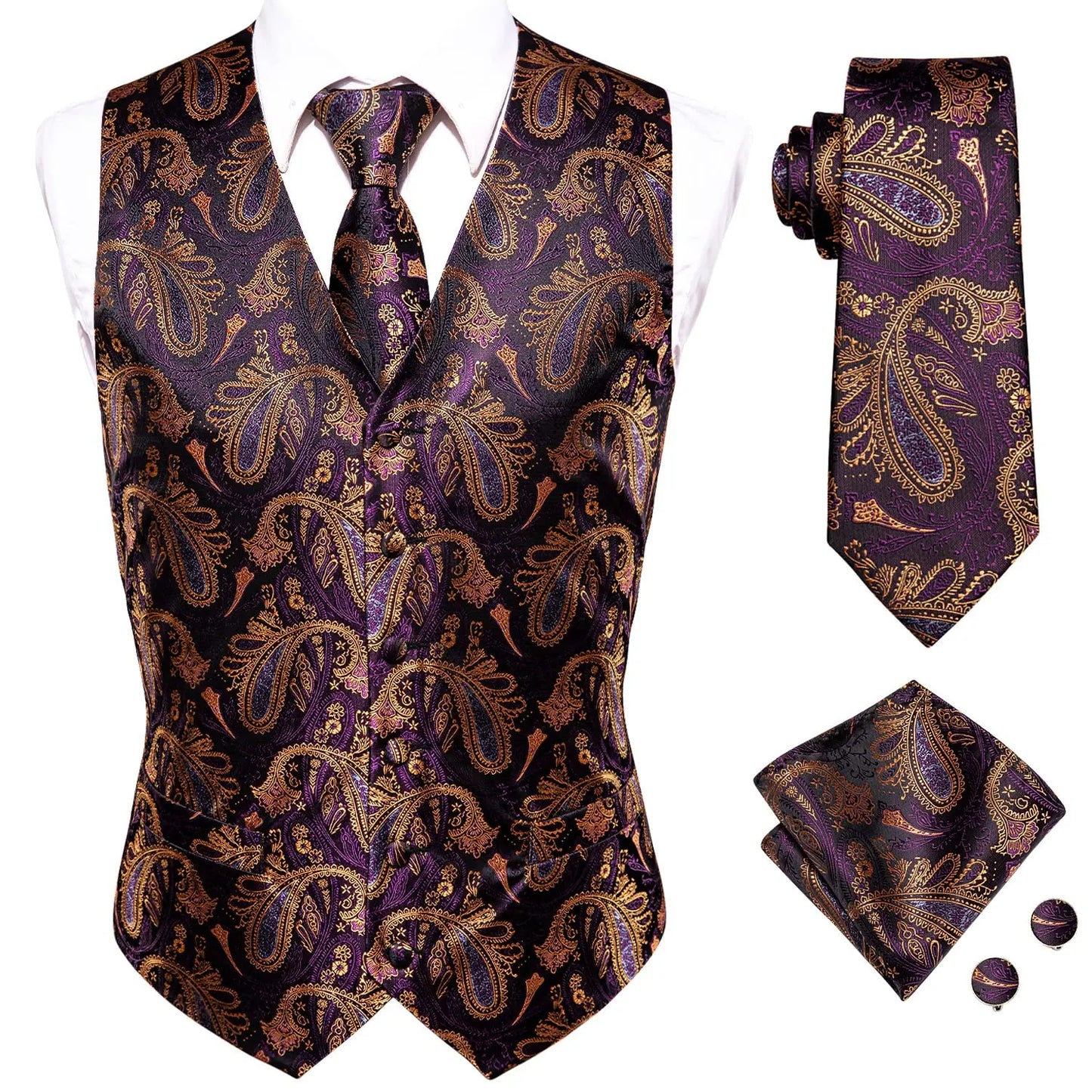 Hi-Tie Brand Silk Mens Vests Grey Black Gold Navy Blue Red Burgundy Jacquard Waistcoat Jacket NeckTie Hanky Cufflinks for Men
