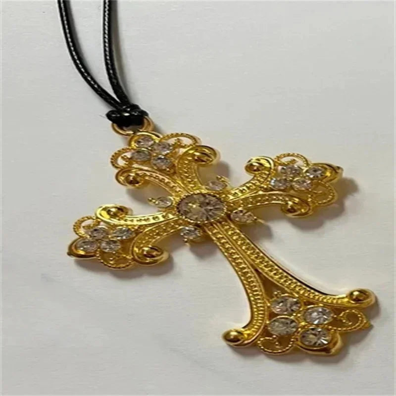 Large Detailed Rhinestone Cross Choker Spiral Hippie Necklace Goth Punk Women Fashion Statement Crucifix Charm Jewelry Gift